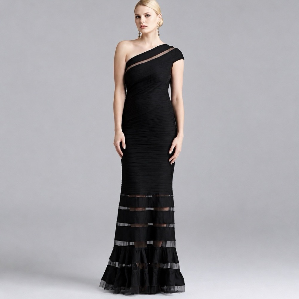 Tadashi Shoji One Shoulder Pintuck Jersey  Mermaid Maxi Gown Dress Black SZ S